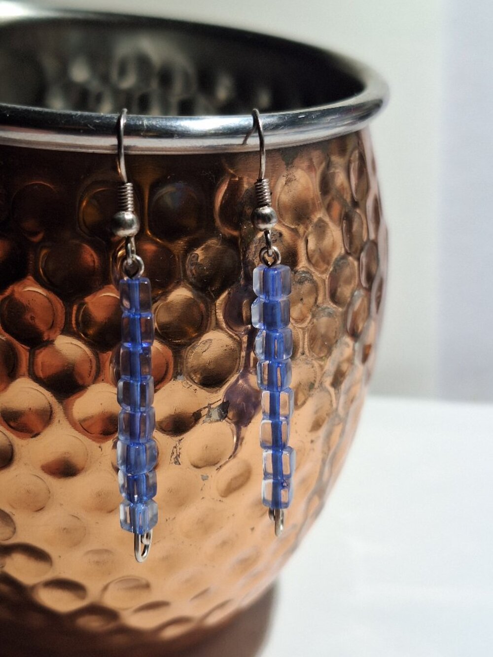 Unique Blue Transparent Beaded Earrings on silver Coloured Earring Hooks